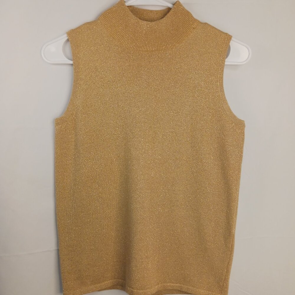 Gold Mock Neck Sleeveless Knit Sweater Size S